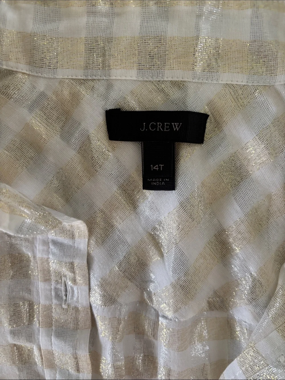 J. Crew White and Gold Soft Shimmer Metallic Check 5 Button Pop Over Shirt